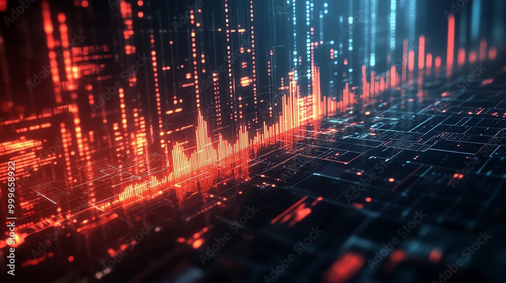 Poster Abstract futuristic background with red and blue glowing lines on a dark grid.