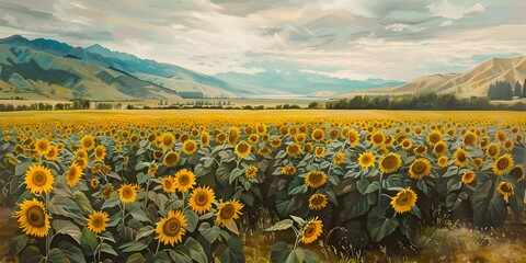 Obraz premium A sunflower field with mountains in the background 