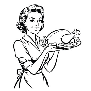 recommend clip art: Retro Cartoon Woman Serving Roast Turkey Illustration