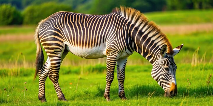 A unique zebroid hybrid grazes peacefully across grasslands, showcasing its striking stripe patterns that blend beautifully with the surrounding natural habitat and vibrant scenery.