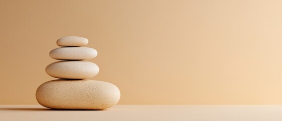 Stacked stones on a peach background symbolizing balance and tranquility.