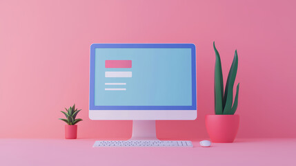 Stylish computer setup with login screen, pink background, and decorative plants.