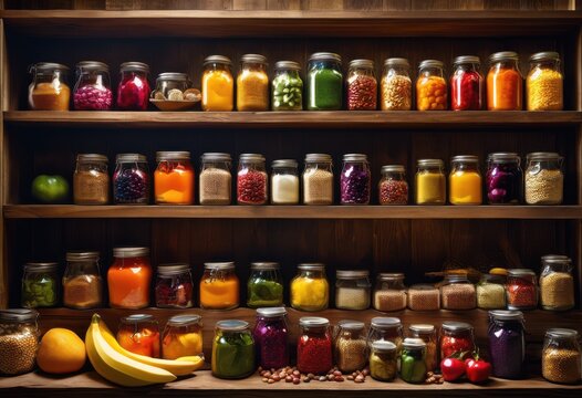 colorful display nutritious food items vibrant pantry shelves showcasing healthy eating options varied ingredients, nutrition, vegetables, fruits, grains