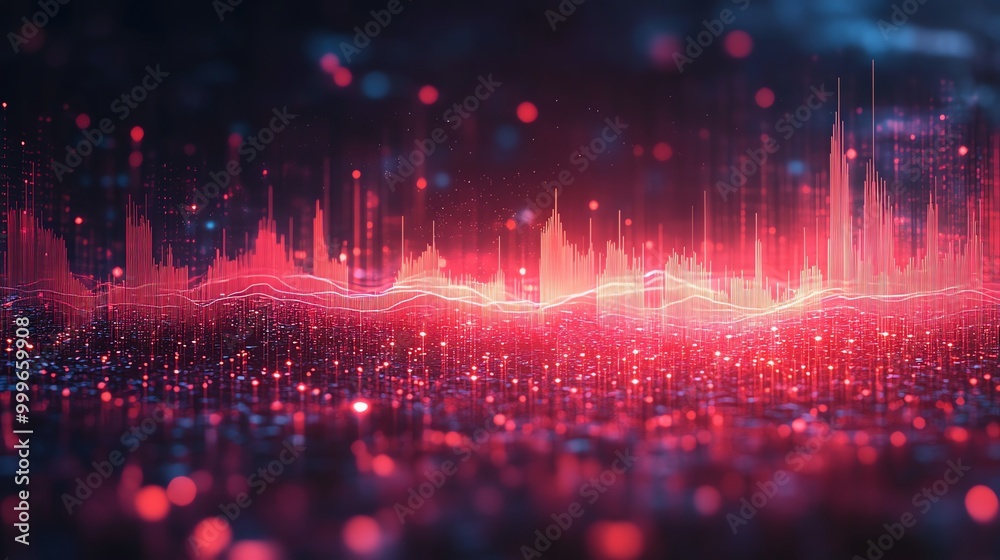 Poster Abstract glowing red and white lines create a dynamic wave pattern with a background of red bokeh lights.