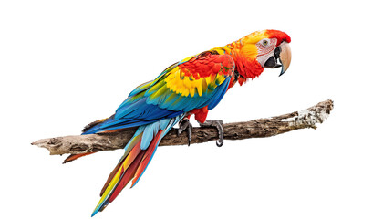 Obraz premium Beautiful Macaws Parrot, standing on a leafless wooden branch, Isolated on a Transparent PNG background