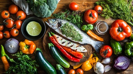 Fresh Ingredients for Healthy Cooking with Whole Fish, Vegetables, and Herbs on Wooden Table