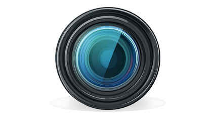 Close-up of a camera lens with a blue and black aperture.
