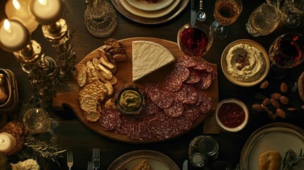 A beautifully arranged charcuterie board with meats, cheese, and snacks for a festive gathering.