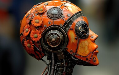 Artistic robotic head adorned with floral designs