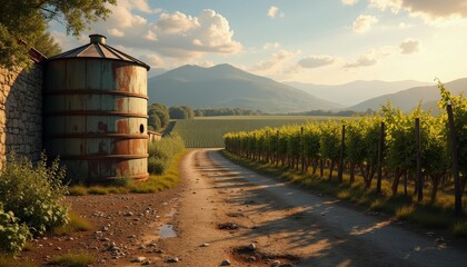 Obraz premium Rural tranquility Rustic barn and vineyard under a serene sky