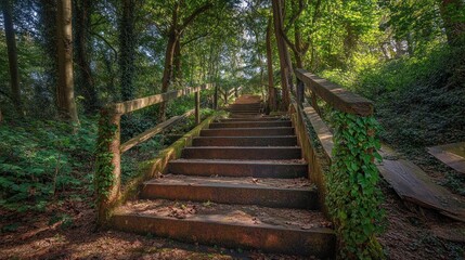 Obraz premium A serene pathway of stairs leads through a lush green forest, inviting exploration and tranquility.