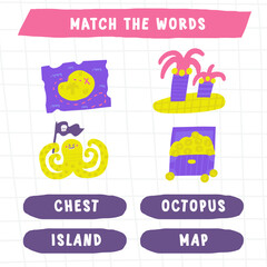 Learn pirate game for kids. Cute hand drawn doodle funny marine puzzle treasure map, island, palms, octopus, animal, pirate flag, skull, chest, gold, coins. Educational worksheet, mind task, riddle