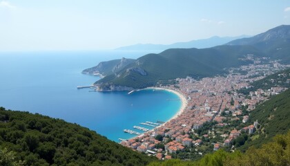 Obraz premium A serene coastal town nestled amidst natures beauty