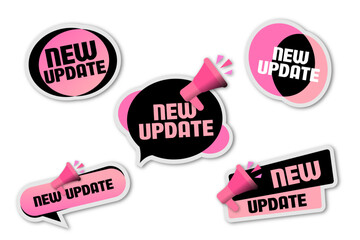 a set of pink new update stickers with black inserts and a speaker