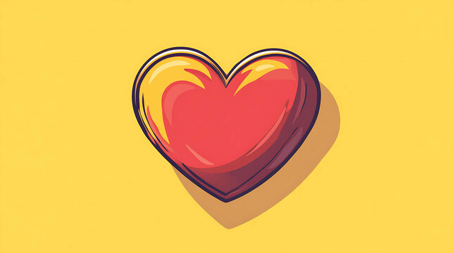 A cartoon-style red heart with a yellow outline and shadow, against a yellow background.