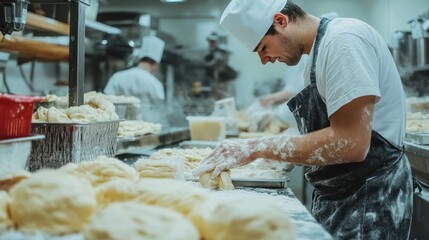 A chef prepares dough in a busy kitchen, surrounded by flour and baking trays.