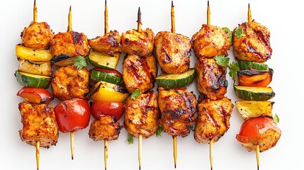 Bar b q tikka with vegetable on wooden sticks isolated on white background, Grilled chicken