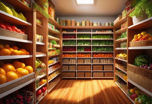 vibrant food pantry shelves overflowing nutritious fresh brightly packaged diverse healthy options every meal, abundance, assortment, balance, boxes, cans