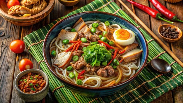 A hearty bowl of batchoy, featuring noodles, tender pork, and savory toppings, served in a charming traditional Filipino setting, creates a comforting dining experience.