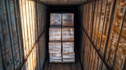 Naklejka premium Aerial view of stacked pallets in a shipping container, ready for transport.
