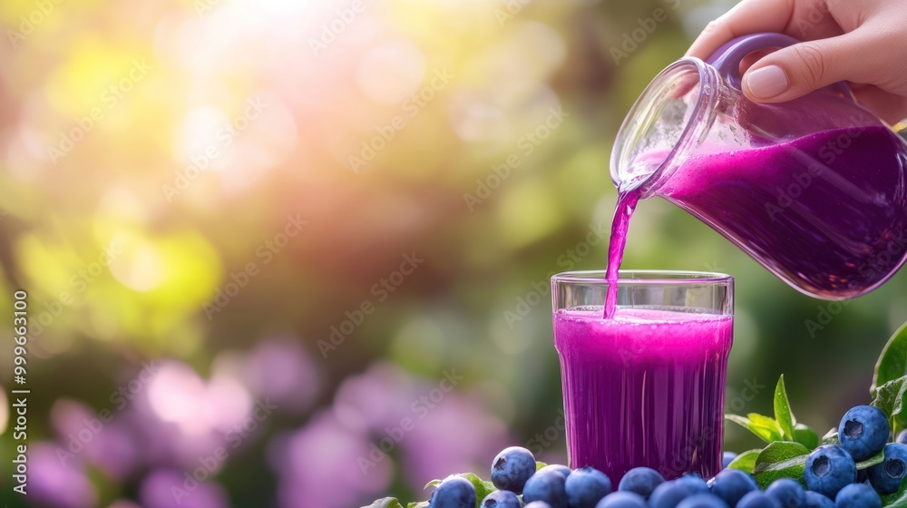 Poster A hand pours vibrant purple juice into a glass, surrounded by fresh blueberries and greenery.