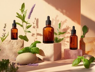 Naklejka premium A group of glass bottles filled with herbal oil, each containing sprigs of fresh herbs. Aromatherapy. AI generated