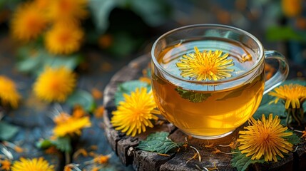 Herbal tea infusion of fresh dandelion leaf, with yellow blossoms. Medicinal plant dandelion (Taraxacum officinale). Traditional medicine. Medicinal herb. 