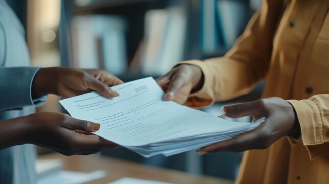 A person in a yellow shirt handing over papers to another person.