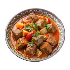 Front view of Hunkar Begendi with Turkish Sultan's Delight, featuring lamb stew, isolated on a white transparent background
