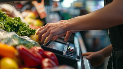 A person's hand reaches out to grab a yellow pear from a produce display, while their other hand is on a price scale.