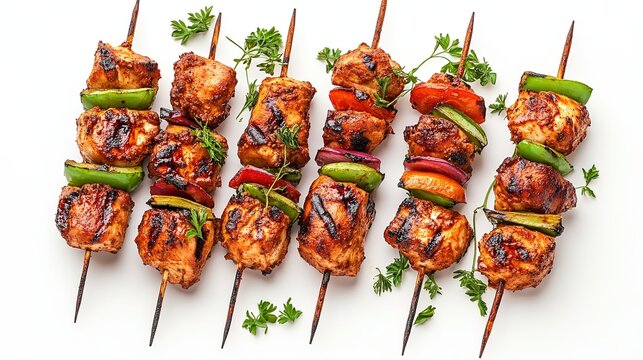 Bar b q tikka with vegetable on wooden sticks isolated on white background, Grilled chicken