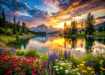 Fototapeta premium A breathtaking sunset paints tranquil mountain lake, encircled by vibrant wildflowers and lush forests, creating an enchanting scene that invites peace and serenity.