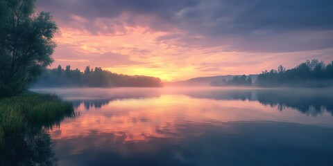 Obraz premium Serene sunrise over a still lake, casting a warm glow on the water and trees.