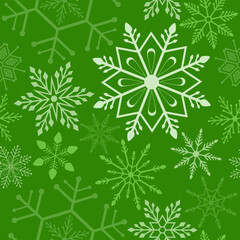 Green color of snowflake pattern, Christmas ormanent seamless pattern. Snowflakes Christmas background design for decoration on X'mas seasoning, web, wrapping, wallpaper, textile, fashion.