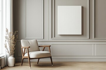 Fototapeta premium Minimalist Living Room with Beige Armchair and Empty Canvas on Wall