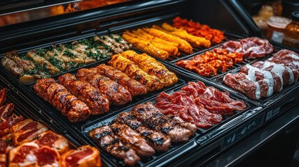 A vibrant display of various meats and grilled items arranged for selection.