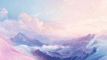 Obraz premium Dreamy Pastel Landscape with Majestic Mountains and Enchanting Cloudscapes