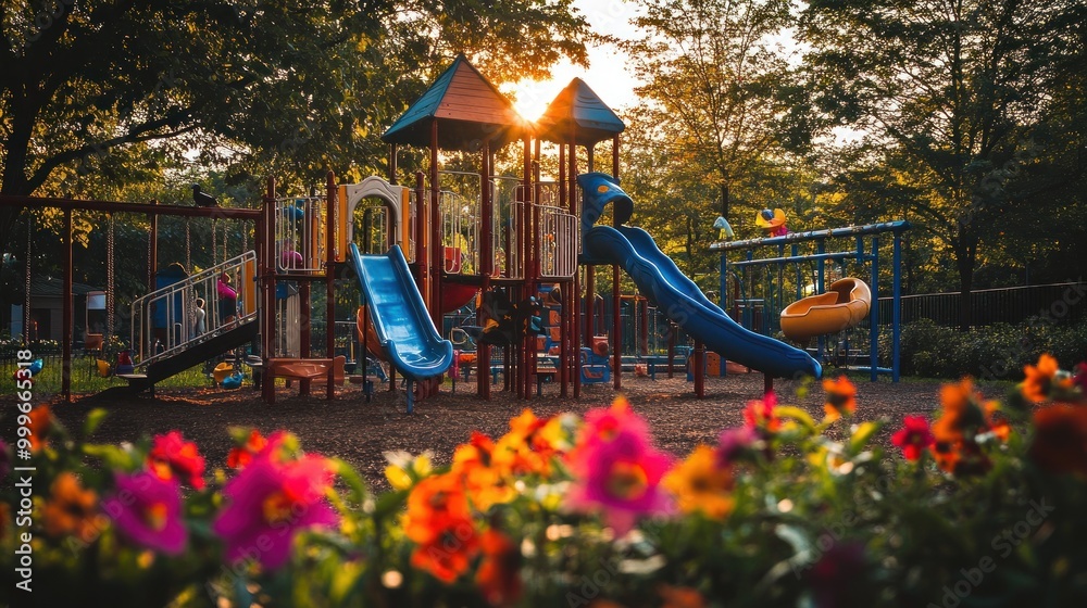 Sticker A colorful playground at sunset, inviting children for fun and play.