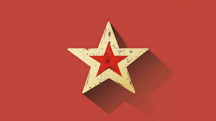 A worn, retro-style red star with a long shadow on a red background.