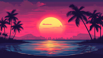 Pink sunset over a tropical beach with palm trees and a city skyline in the distance.