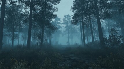 Fototapeta premium Blue scent dark pine forest with foggy mysterious effect nature park