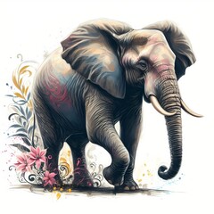 Colorful Illustration of an Elephant with Floral and Abstract Patterns