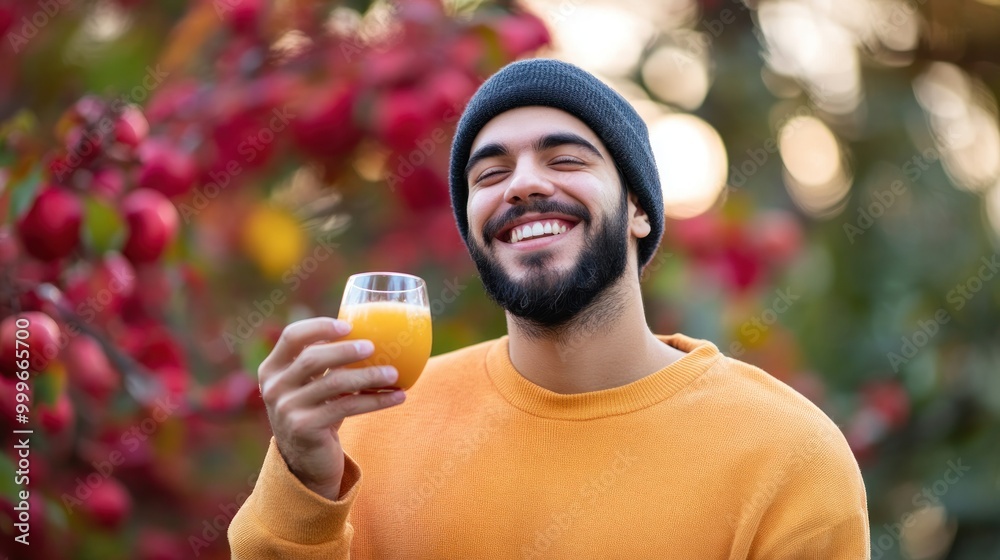 Canvas Prints A smiling man in a beanie holds a glass of orange juice against a backdrop of red apples.