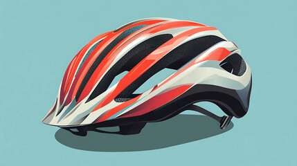 Fototapeta premium A bright red and white bicycle helmet isolated on a light blue background.