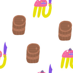 Cute pirate theme seamless pattern. Funny hand drawn doodle repeatable pattern with wooden barrel, jellyfish, animal, character, sword, dagger. Marine, nautical, Caribbean bandit background