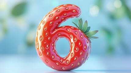 The number 6 is framed by a red strawberry textured fruit for kids on solid background