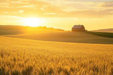 Fototapeta premium A serene landscape at sunset featuring a barn and golden fields.