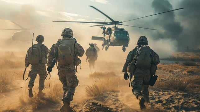 Group of military personnel exiting a helicopter, uniformed and equipped for mission or deployment