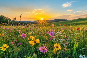 A vibrant field of wildflowers at sunset, showcasing nature's beauty and tranquility.
