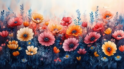 colorful watercolor painting filled with flowers and plants blending various hues to create a lively and vibrant atmosphere a celebration of natures beauty